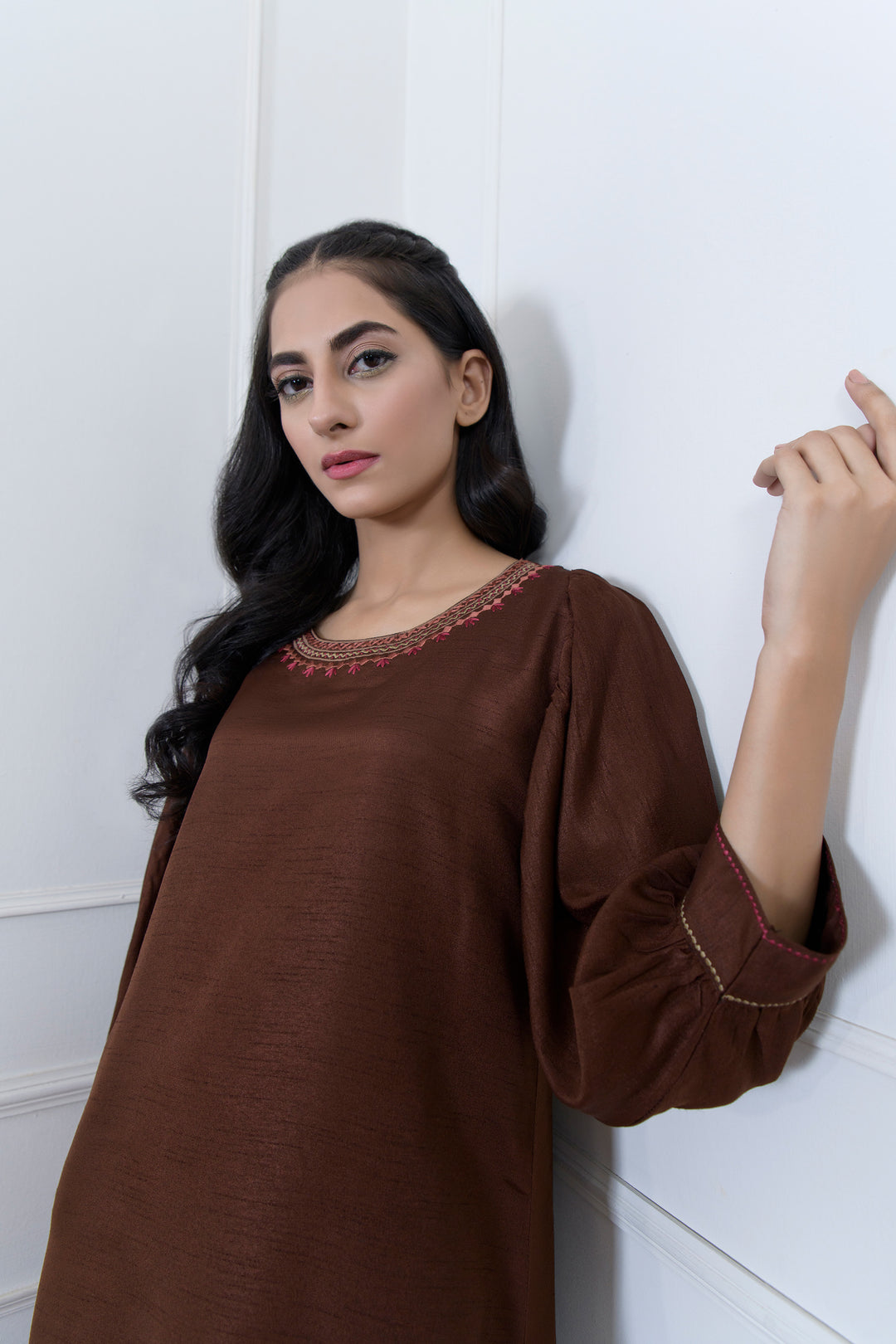 Brown Embroidered Long Shirt and Trouser Closeup