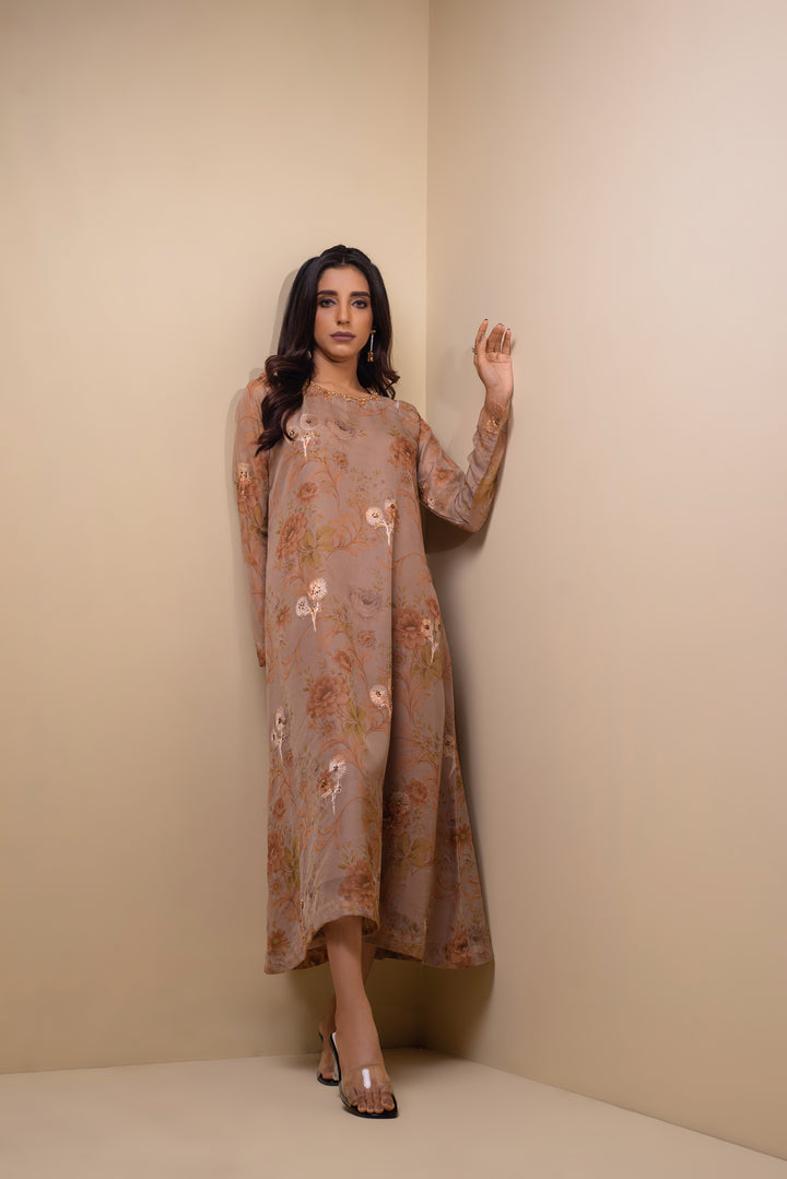 Beige Hand Embroidered Long Dress Full Length Image