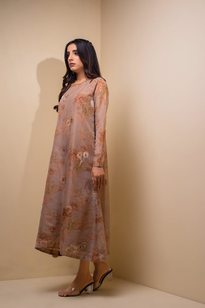 Beige Hand Embroidered Long Dress