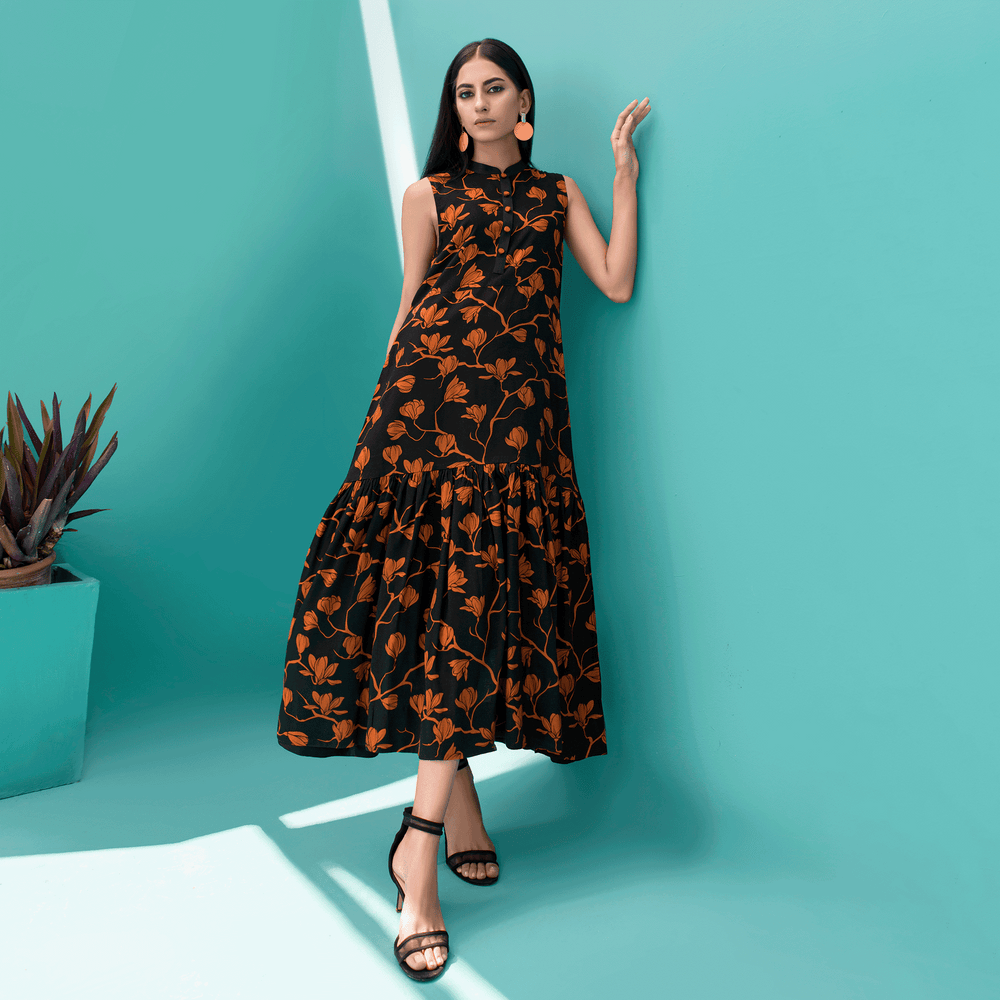 Printed Long Tiered Dress By Velour 