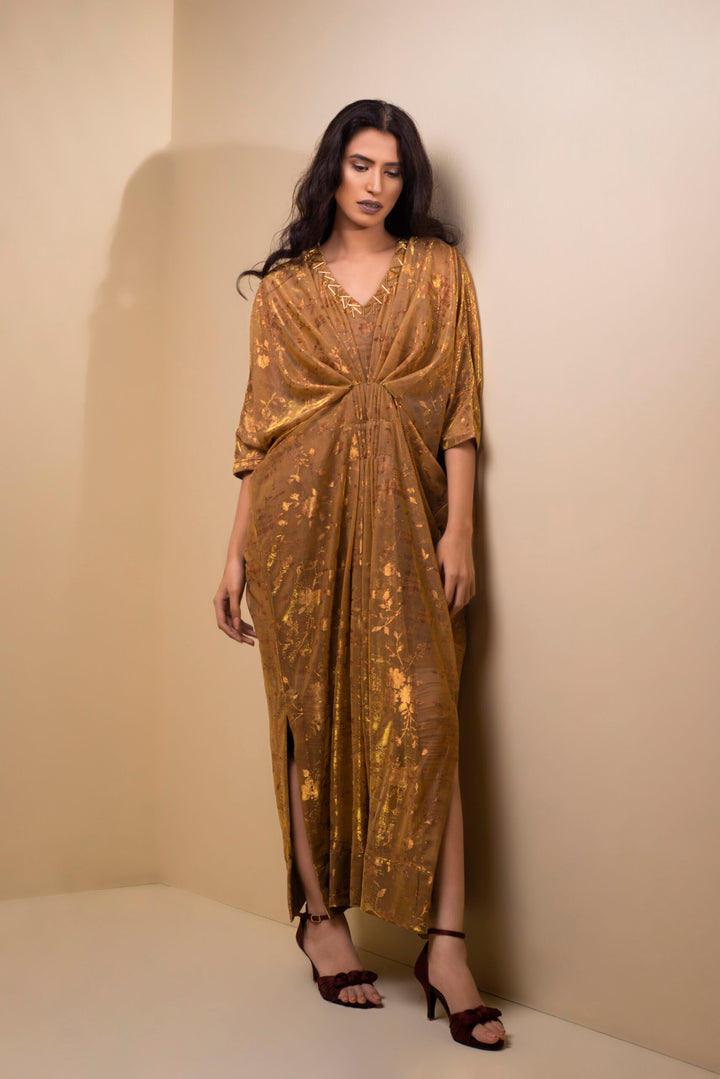 Antique Gold Hand Embroidered Party Wear Kaftan