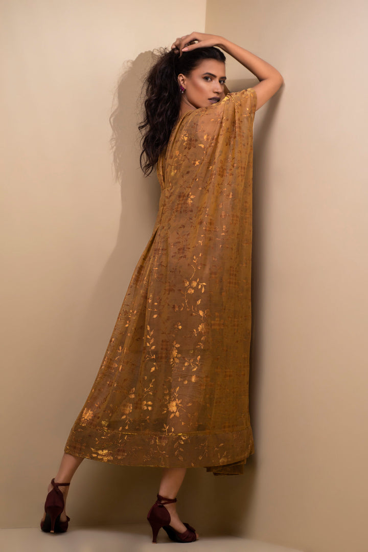 Back side look of Antique Gold Hand Embroidered Party Wear Kaftan